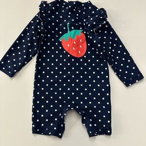 6/20$ CARTER’S Navy Polka Dot/Strawberry One piece Rashguard size 12 months